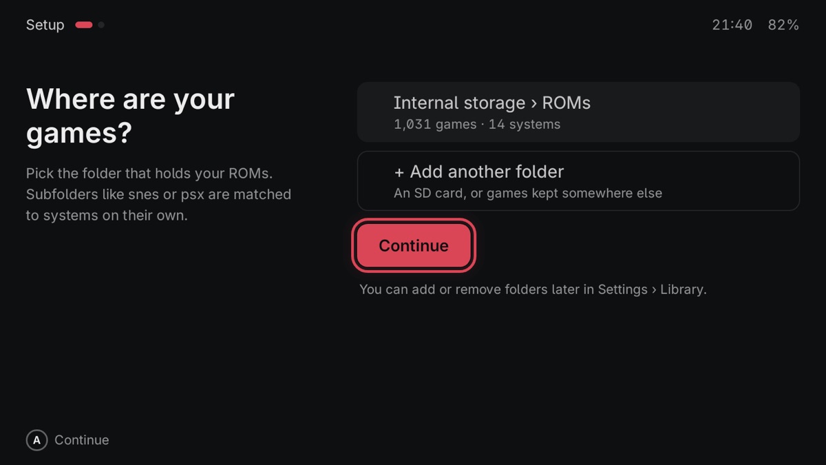 Setup: the chosen ROMs folder and a Continue button